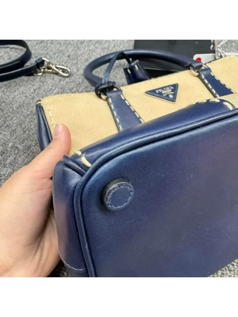 Authentic Prada Two Tone Leather Canvas Tote Satchel Crossbody Bag